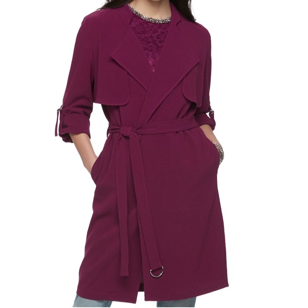 NWT Jennifer Lopez Draped Trench Coat Belted Burgundy Size XS